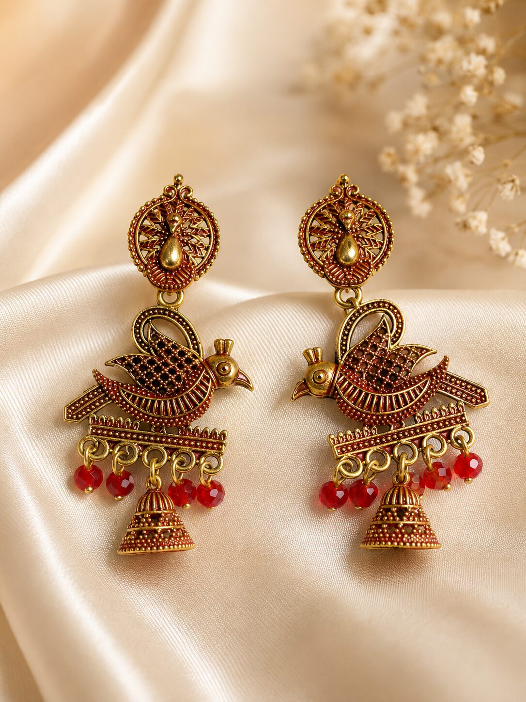 2026/08/18237.jpg Antique Gold Peacock Red Beaded Jhumka Earrings - Image 1