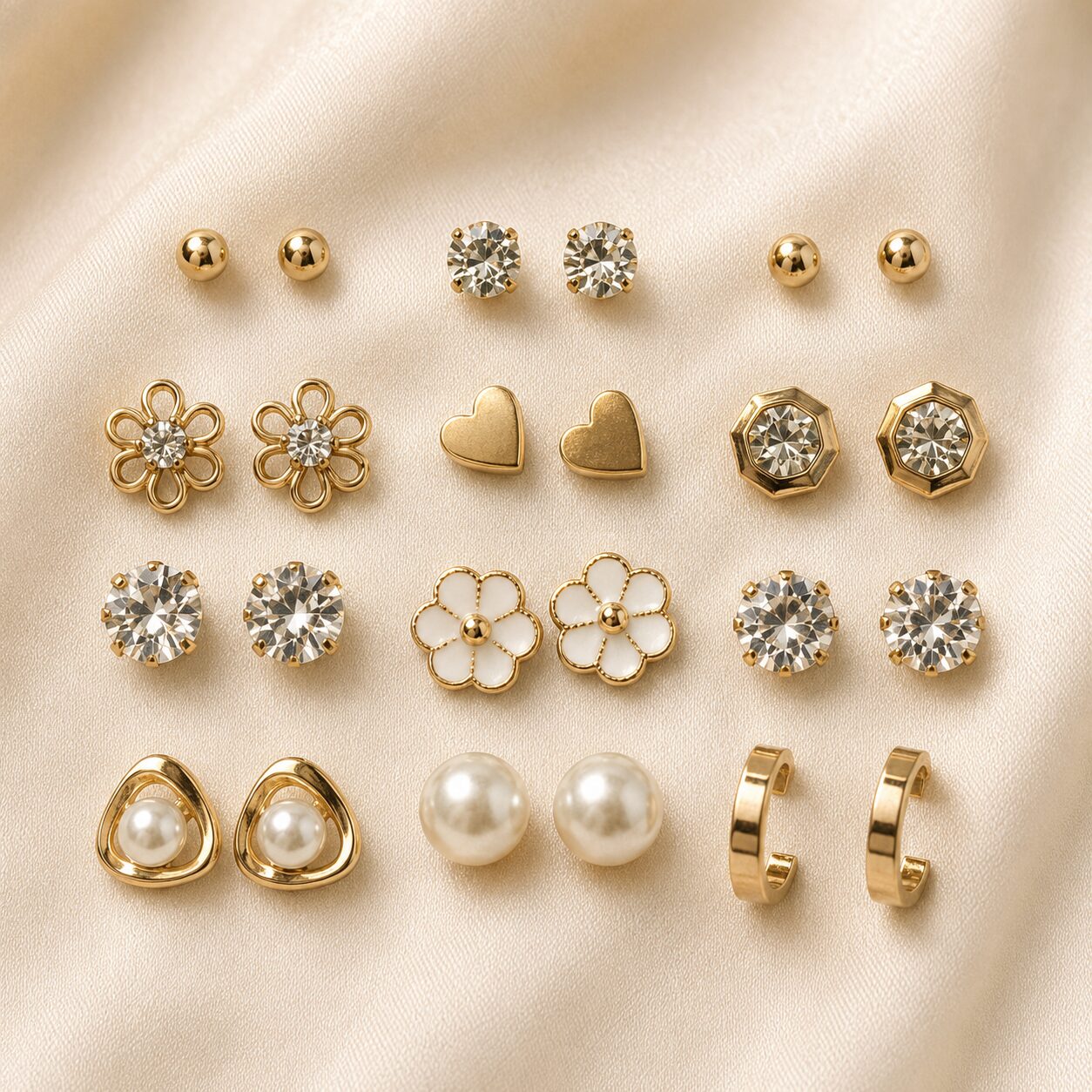 2026/08/18248.jpg 12-Pair Korean Gold-Toned Stud Earrings Combo Set - Image 1