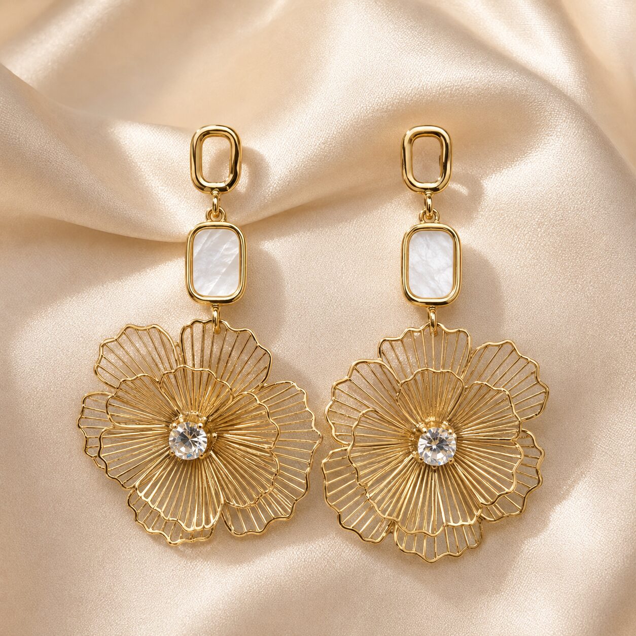 2026/08/18274.jpg Golden Layered Floral Crystal Drop Earrings - Image 1
