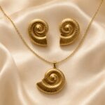 Golden Spiral Seashell Pendant Necklace & Earrings Set