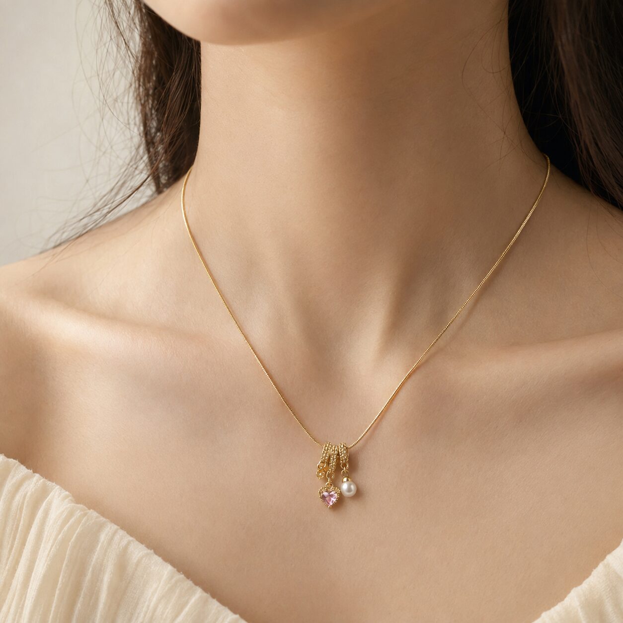 2026/08/18398.jpg Pink Heart & Pearl Charm Pendant Necklace - Image 1