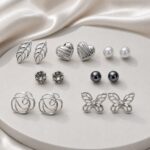 7-Pair Silver Leaf, Heart & Butterfly Stud Earrings Combo Set