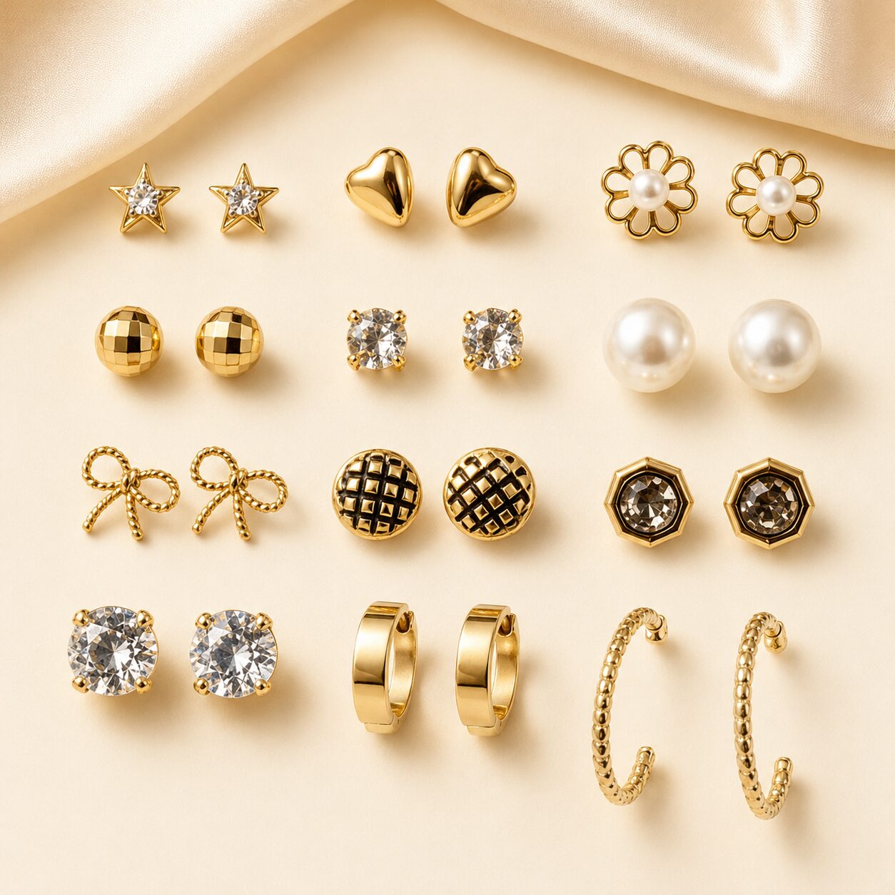 2026/08/18523.jpg 12-Pair Golden Star, Heart, Pearl & Hoop Earrings Combo Set - Image 1