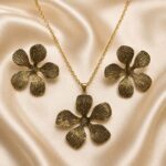 Antique Gold Floral Pendant Necklace & Earrings Set – Stainless Steel Jewellery