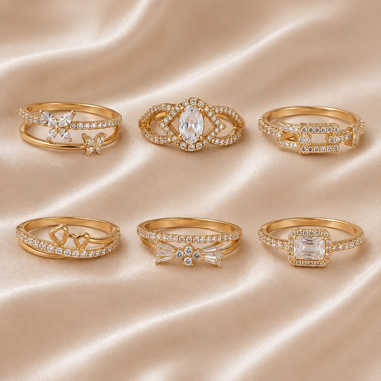 2026/08/19129.jpg Golden Sparkle Designer Ring Combo – Set of 6 - Image 1