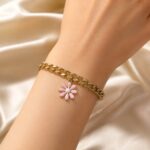 Pink Daisy Charm Gold Chain Bracelet