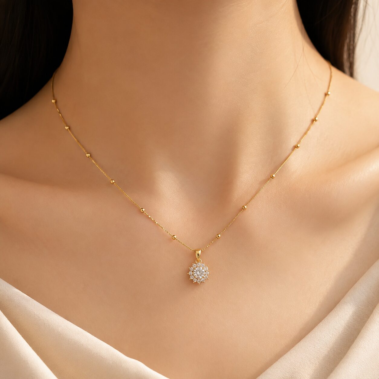 2026/08/26127.jpg Crystal Floral Halo Gold-Tone Beaded Chain Necklace - Image 1