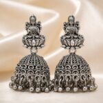 Oxidised Silver Lakshmi Devi Temple Jhumka Earrings