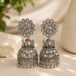 Oxidized Silver Floral Jhumka Earrings ✨