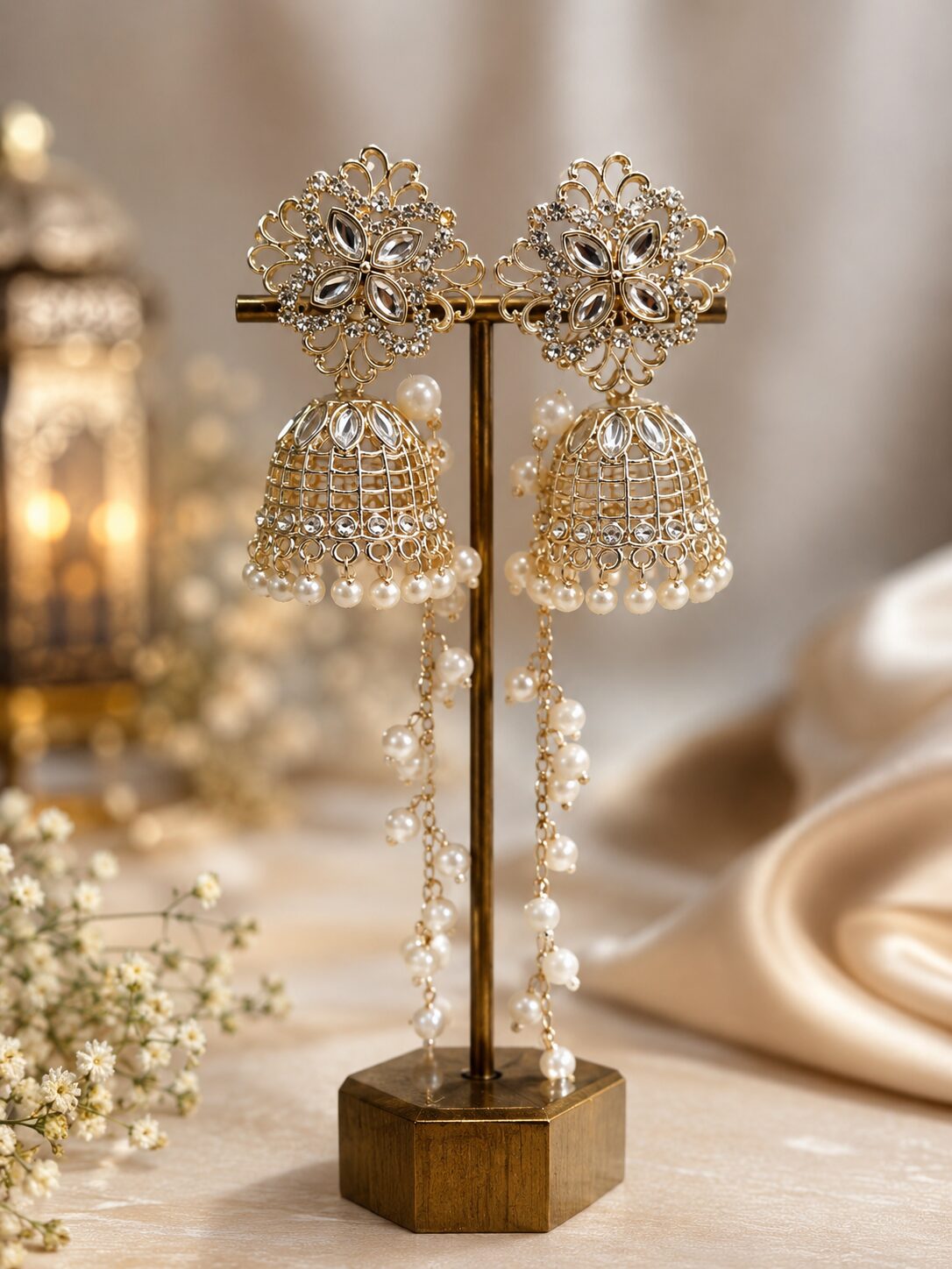 2026/08/2628.jpg Elegant Gold-Tone Pearl Jhumka Earrings for Women – Designer Floral Long Drop Earrings - Image 1
