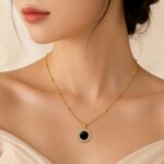 Black Crystal Halo Anti-Tarnish Gold Necklace