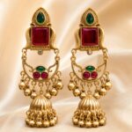 Antique Gold Ruby & Emerald Chandbali Jhumka Earrings