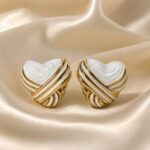 Golden Embrace White Enamel Heart Stud Earrings