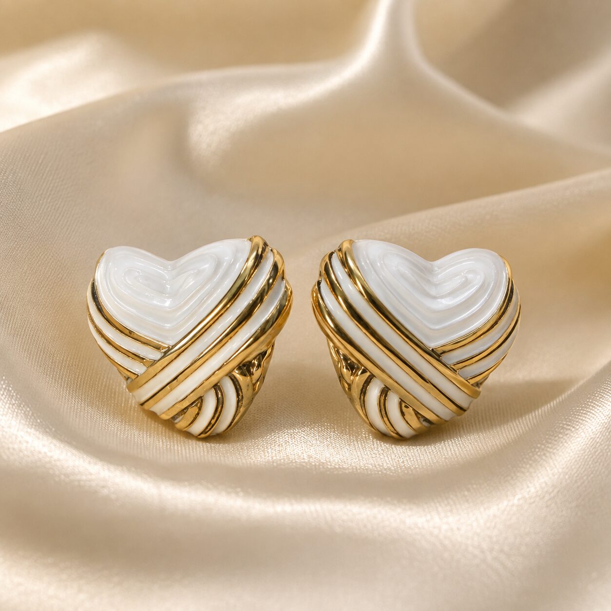 2026/08/26604.jpg Golden Embrace White Enamel Heart Stud Earrings - Image 1