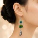 Peacock Feather Silver Hoop Dangle Earrings