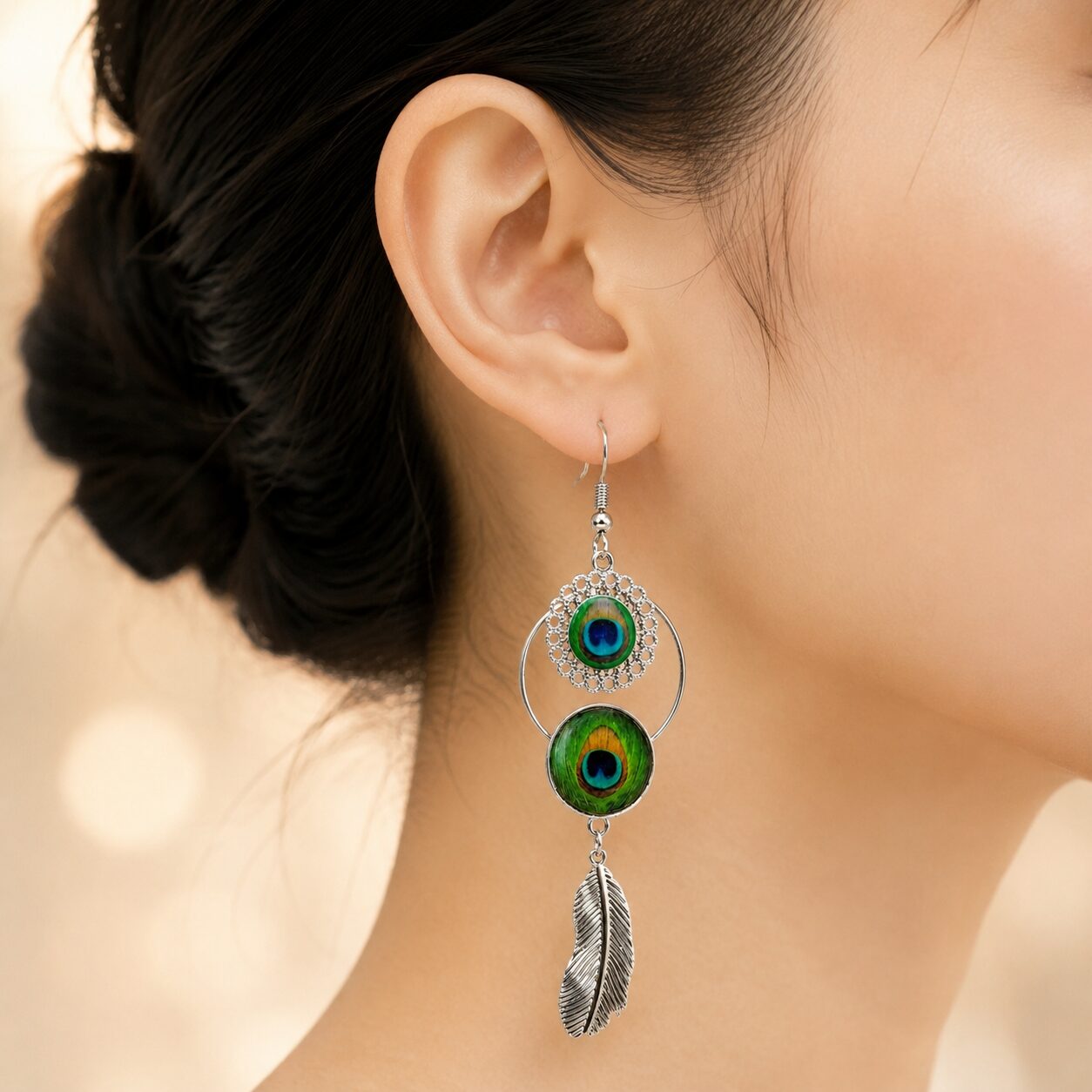 2026/08/26630.jpg Peacock Feather Silver Hoop Dangle Earrings - Image 1