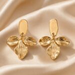 Golden Textured Three-Petal Floral Drop Earrings