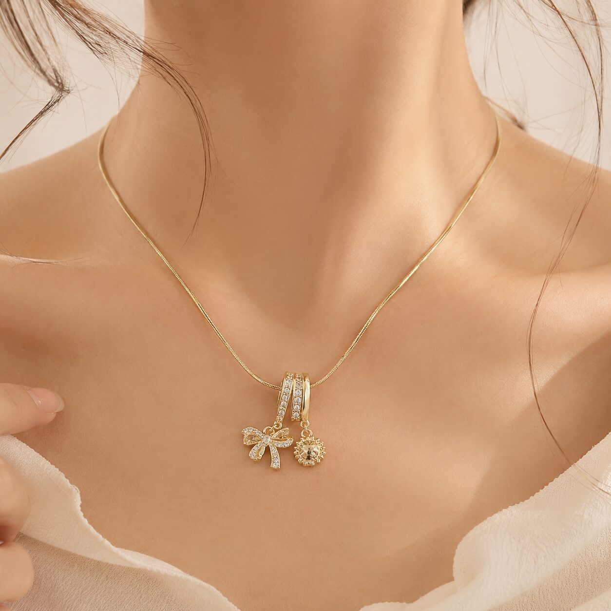 2026/08/498358.jpg Gold Bow & Crystal Charm Stainless Steel Anti-Tarnish Necklace - Image 1