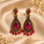 Ruby Pink Teardrop Antique Gold Drop Earrings
