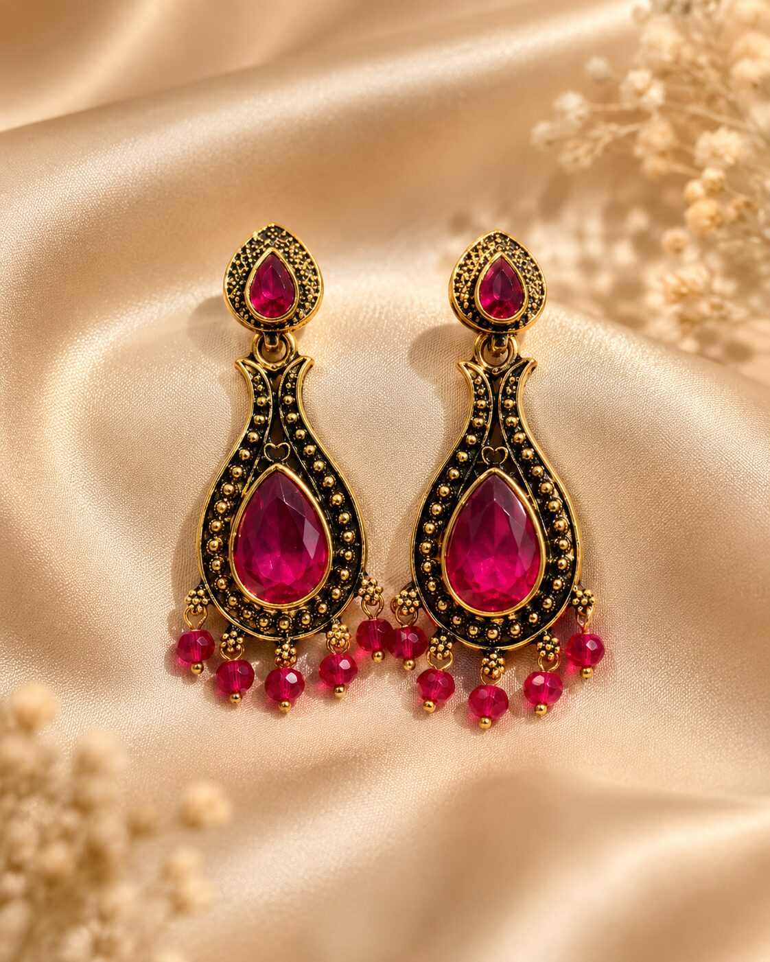 2026/08/517249.jpg Ruby Pink Teardrop Antique Gold Drop Earrings - Image 1