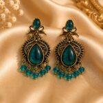 Teal Stone Antique Gold Drop Earrings