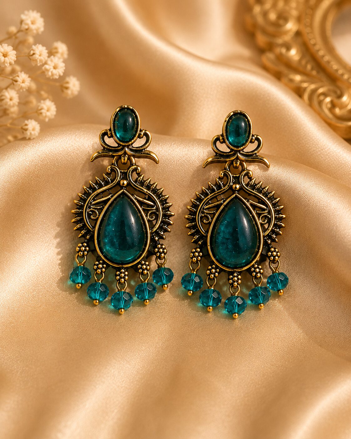 2026/08/517355.jpg Teal Stone Antique Gold Drop Earrings - Image 1