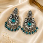 Antique Silver Peacock Chandbali Earrings with Peacock Blue Beads
