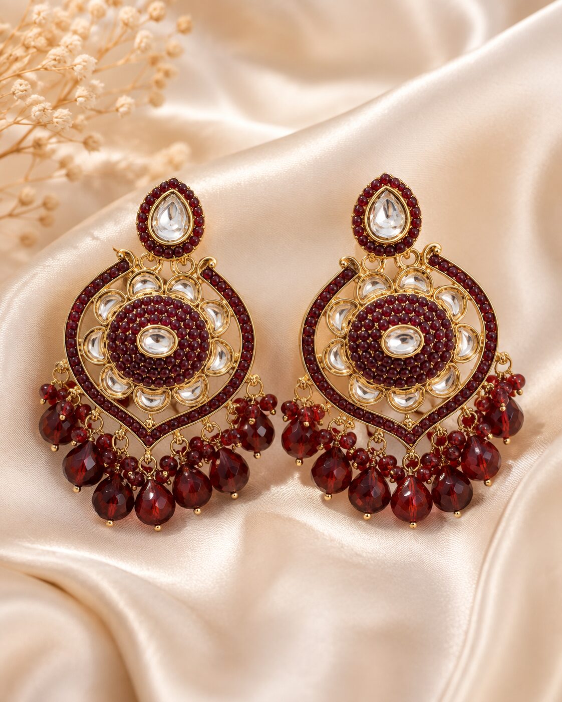 2026/08/533047.jpg MAHROON KUNDAN PERLS EARRINGS - Image 1