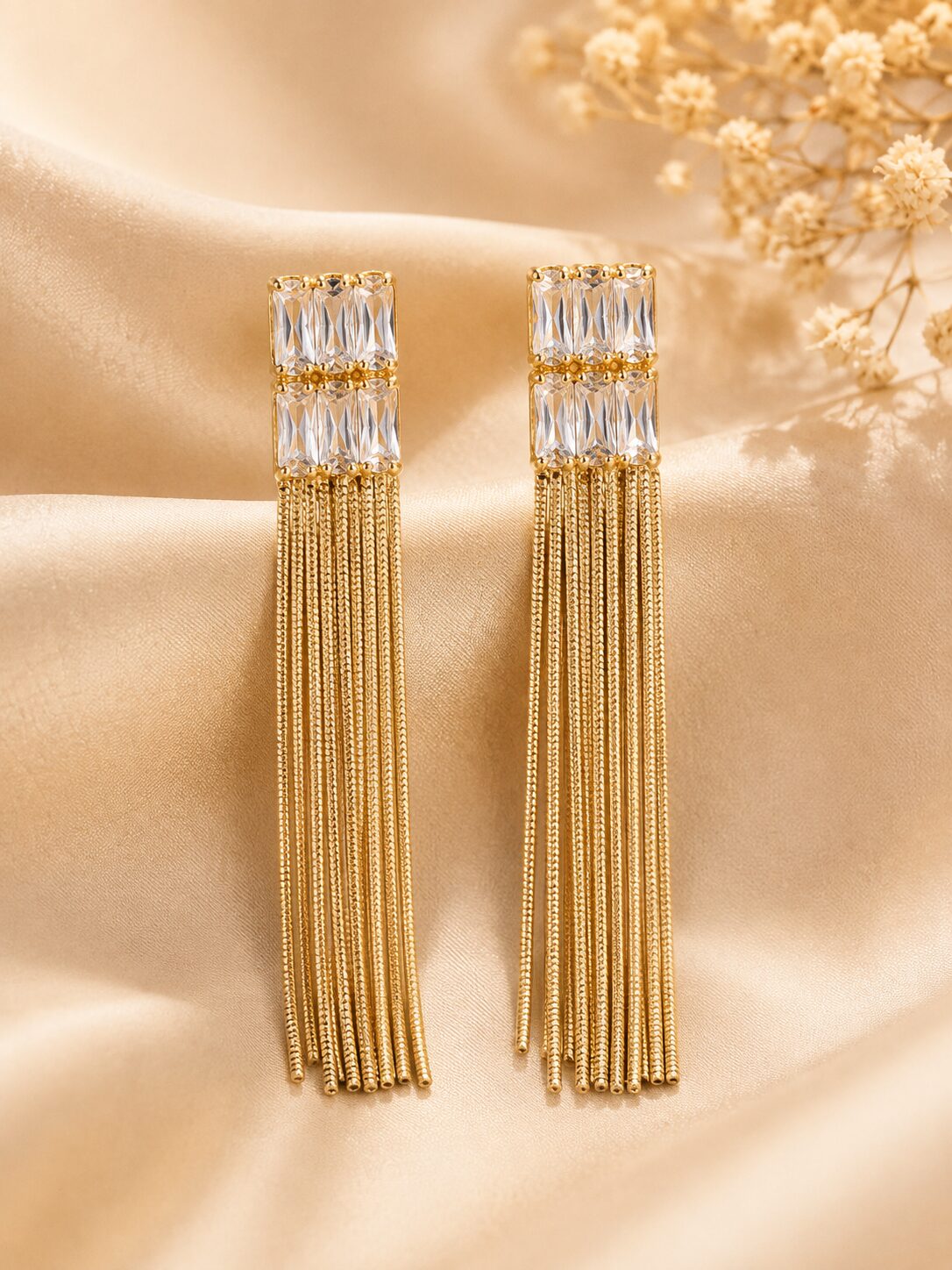 2026/08/580439.jpg KV Zirconia Baguette Tassel Long Drop Earrings - Image 1