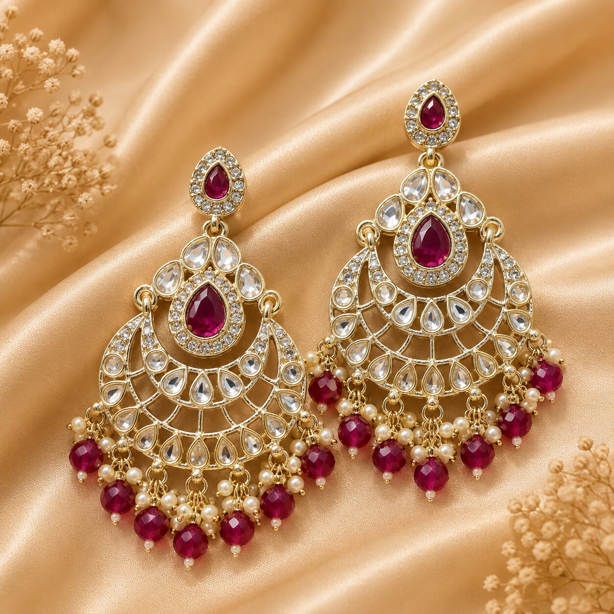 2026/08/582932.jpg MAJANTA WHITE KUNDAN EARRINGS - Image 1
