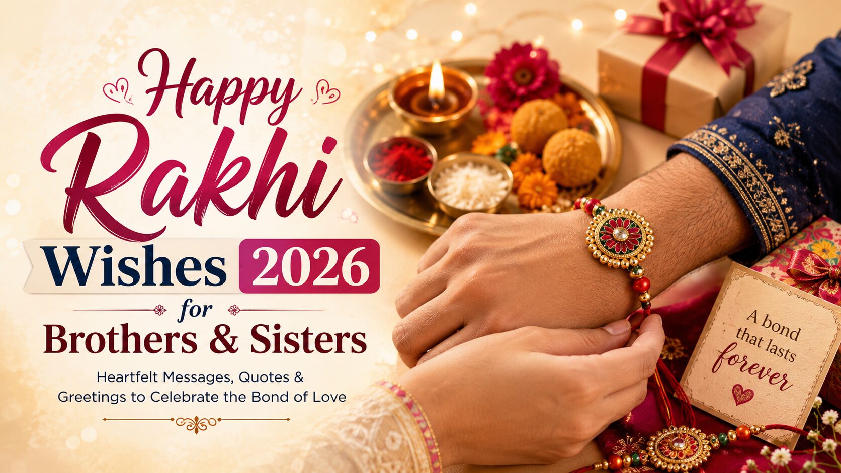 Happy Rakhi Wishes 2026 with heartfelt messages and greetings for brothers and sisters celebrating Raksha Bandhan.