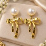 Elegant Golden Bow & Pearl Earrings ✨