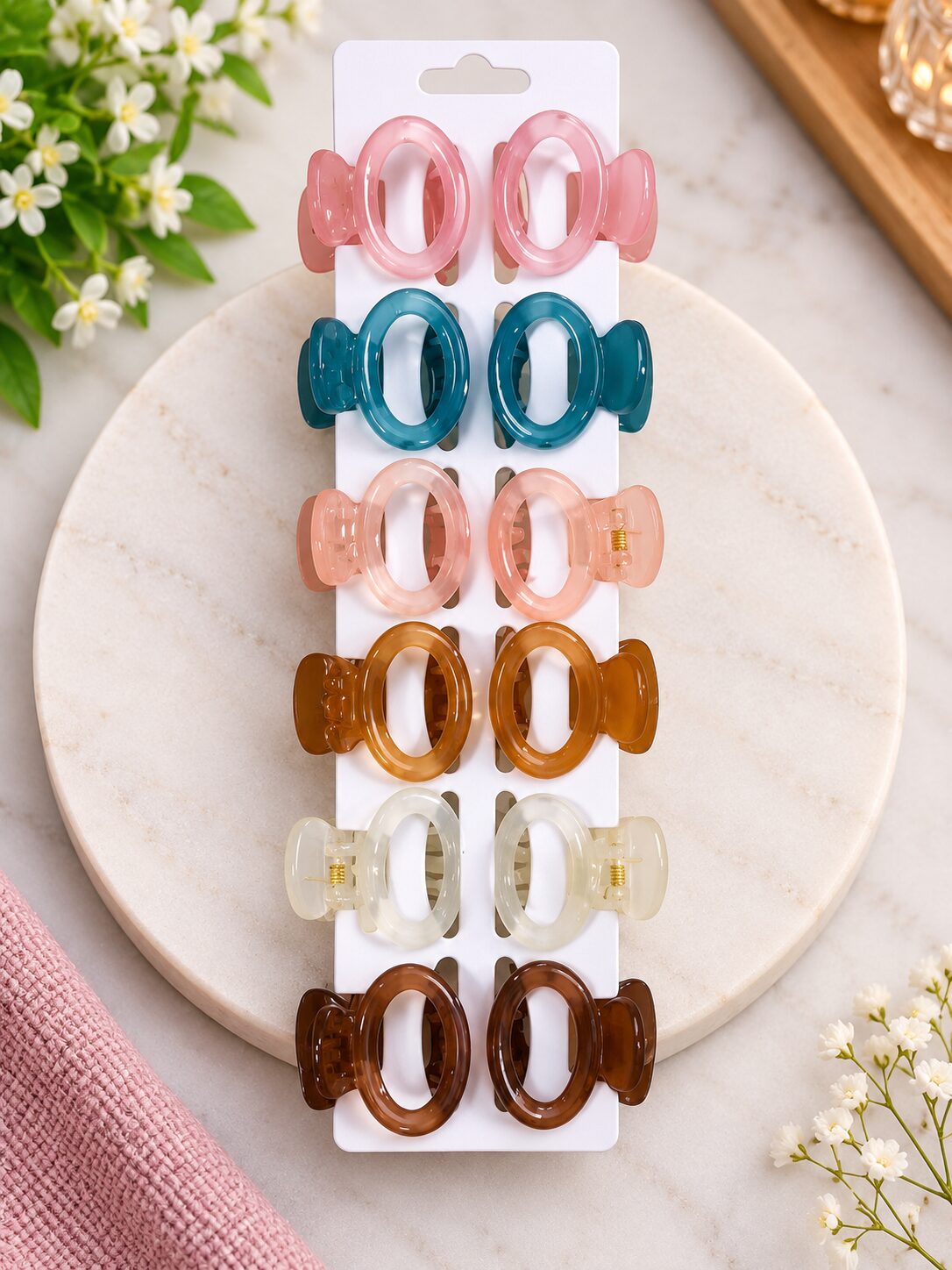 2026/09/1000039161.jpg Glossy Oval Hair Claw Clips – 6 Color Set - Image 1