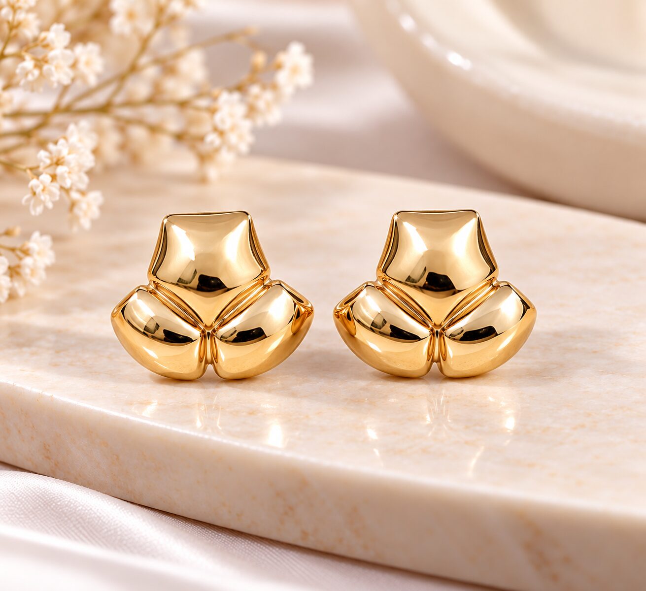 2026/09/1000042667.jpg Premium Golden Triple-Petal Stud Earrings | Elegant Korean-Style Fashion Jewellery - Image 1