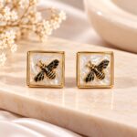 Golden Bee Pearl Square Stud Earrings | Elegant Korean-Style Fashion Jewellery