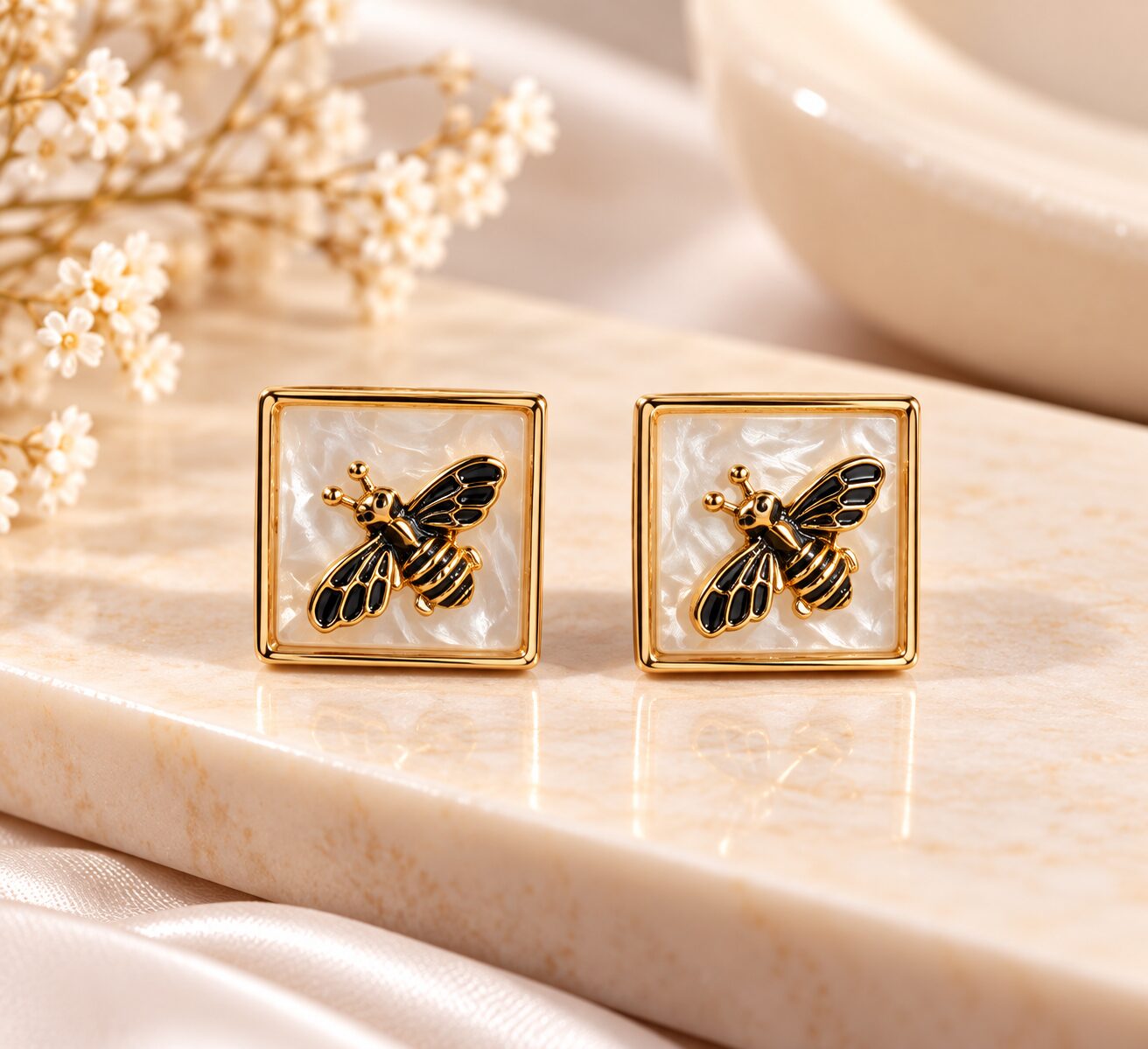 2026/09/1000042669.jpg Golden Bee Pearl Square Stud Earrings | Elegant Korean-Style Fashion Jewellery - Image 1