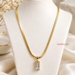 Premium Gold Plated Baguette Crystal Pendant Necklace – Elegant Korean Style