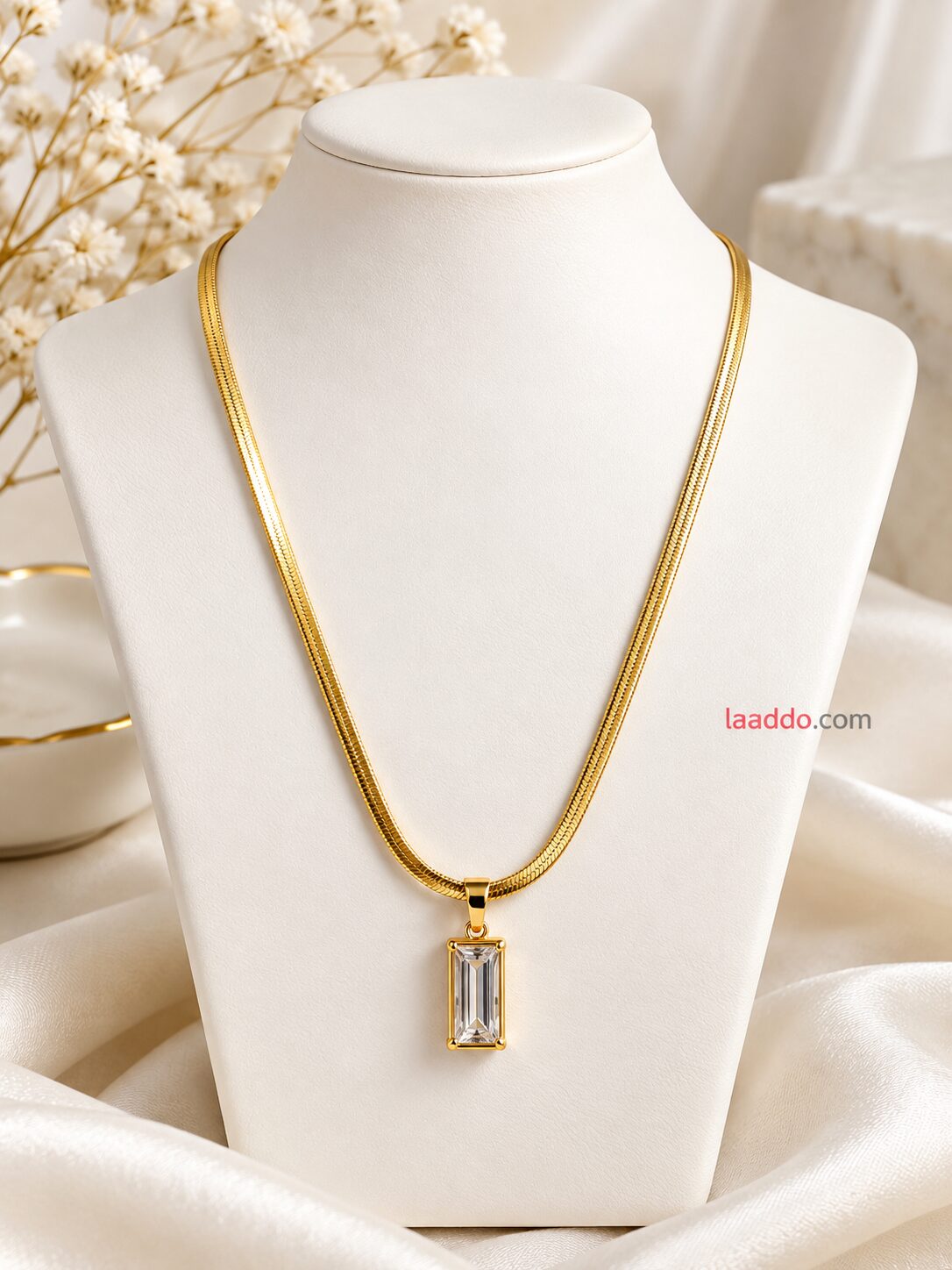 2026/09/1000042676.jpg Premium Gold Plated Baguette Crystal Pendant Necklace – Elegant Korean Style - Image 1