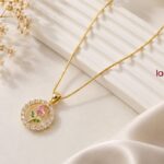 Premium Gold Finish Floral CZ Pendant Necklace – Pink & Green Stone Elegant Jewellery