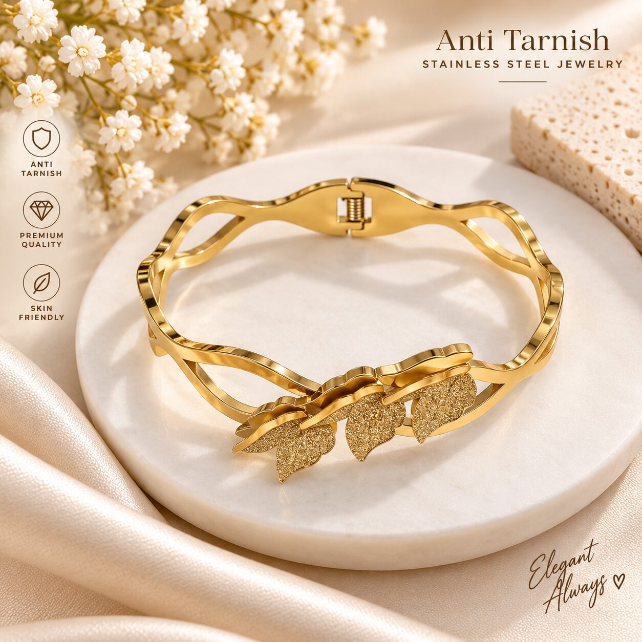 2026/09/1000375364.jpg Elegant Gold Leaf Design Anti-Tarnish Stainless Steel Bangle - Image 1