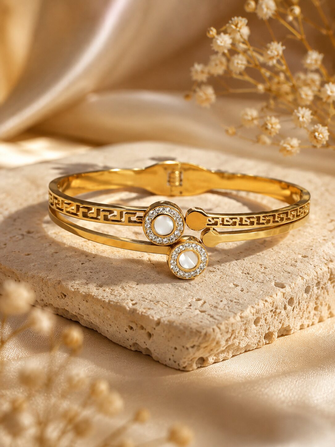 2026/09/1001782735.jpg Royal Greek-Key Pearl Gold Cuff Bracelet ✨ - Image 1