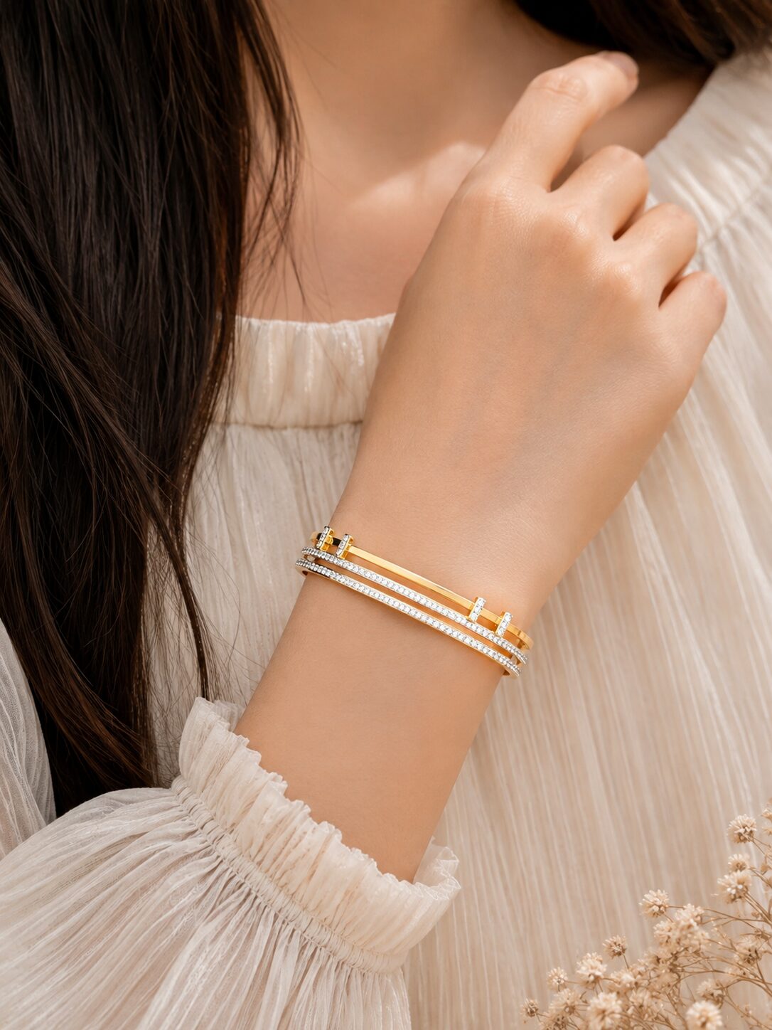 2026/09/1001782778.jpg Luxury Dual-Tone Crystal Gold Cuff Bracelet ✨ - Image 1