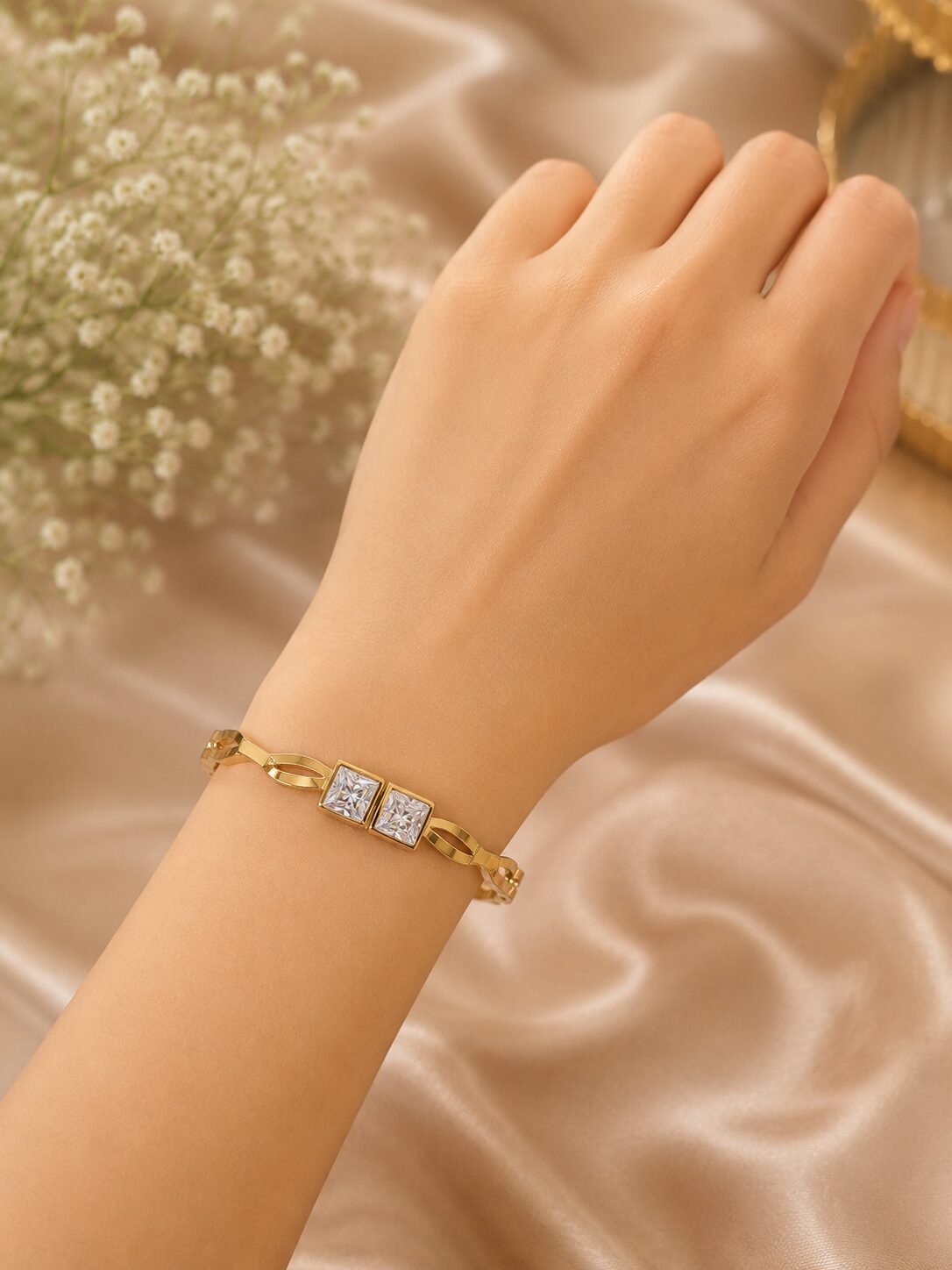 2026/09/1001782831.jpg Elegant Gold Double Square Crystal Bracelet - Image 1