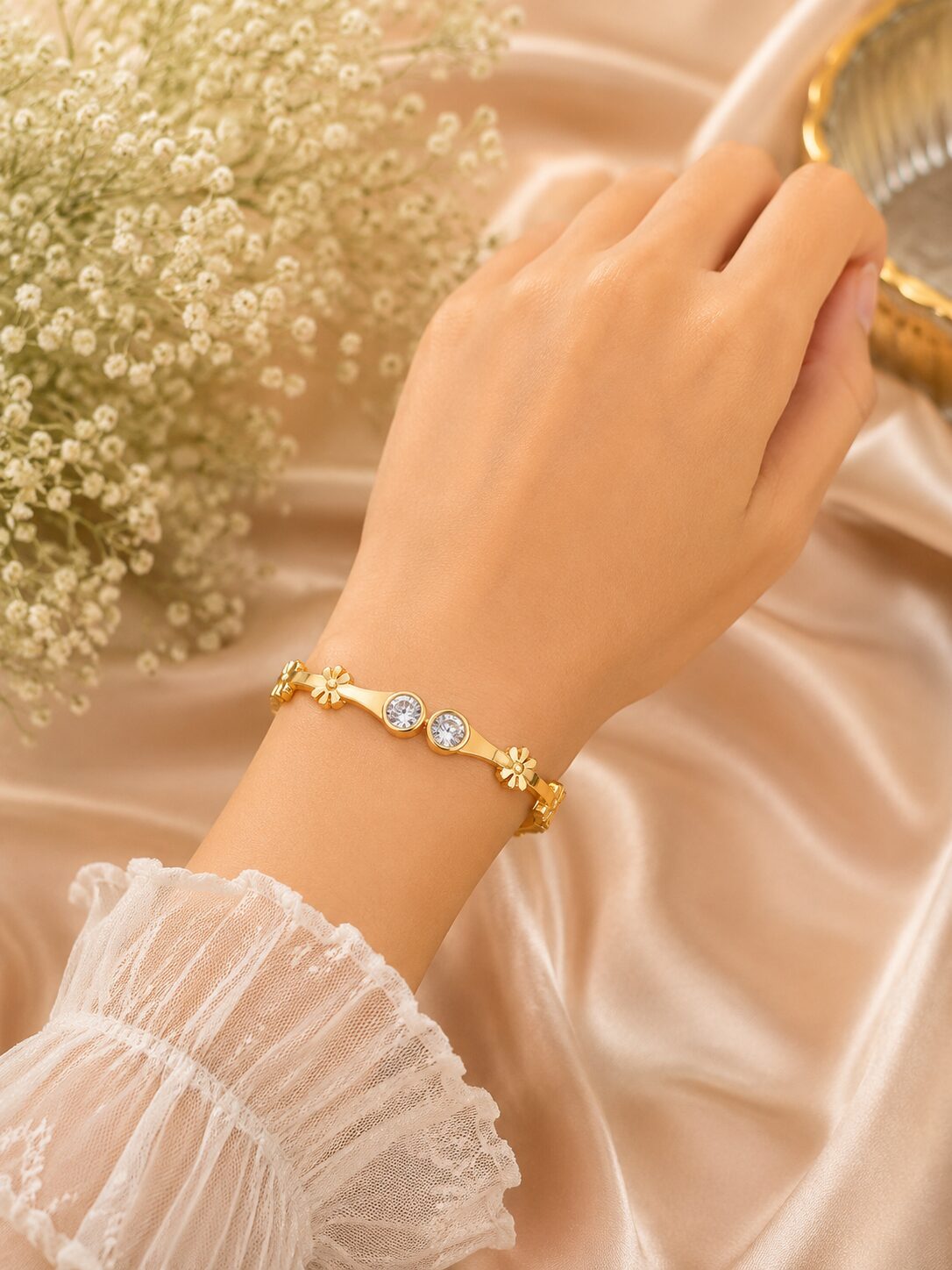2026/09/1001782833.jpg Elegant Gold Double Stone Floral Bracelet - Image 1