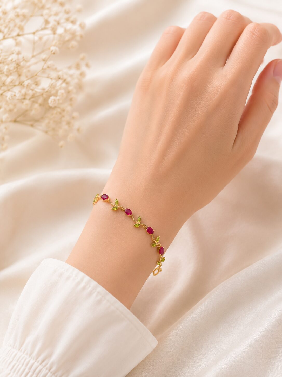 2026/09/1001782887.jpg Elegant Ruby & Green Leaf Bracelet - Image 1