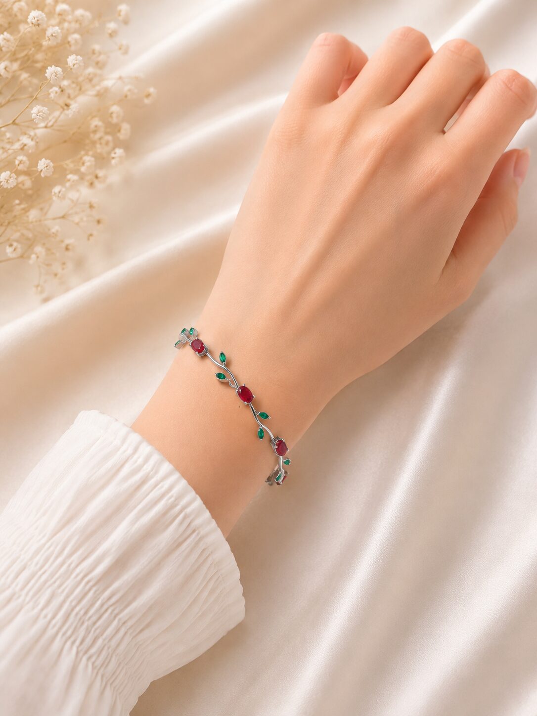 2026/09/1001782901.jpg Elegant Ruby & Emerald Silver Vine Bracelet - Image 1