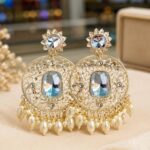 Elegant Blue Stone Pearl Chandelier Earrings