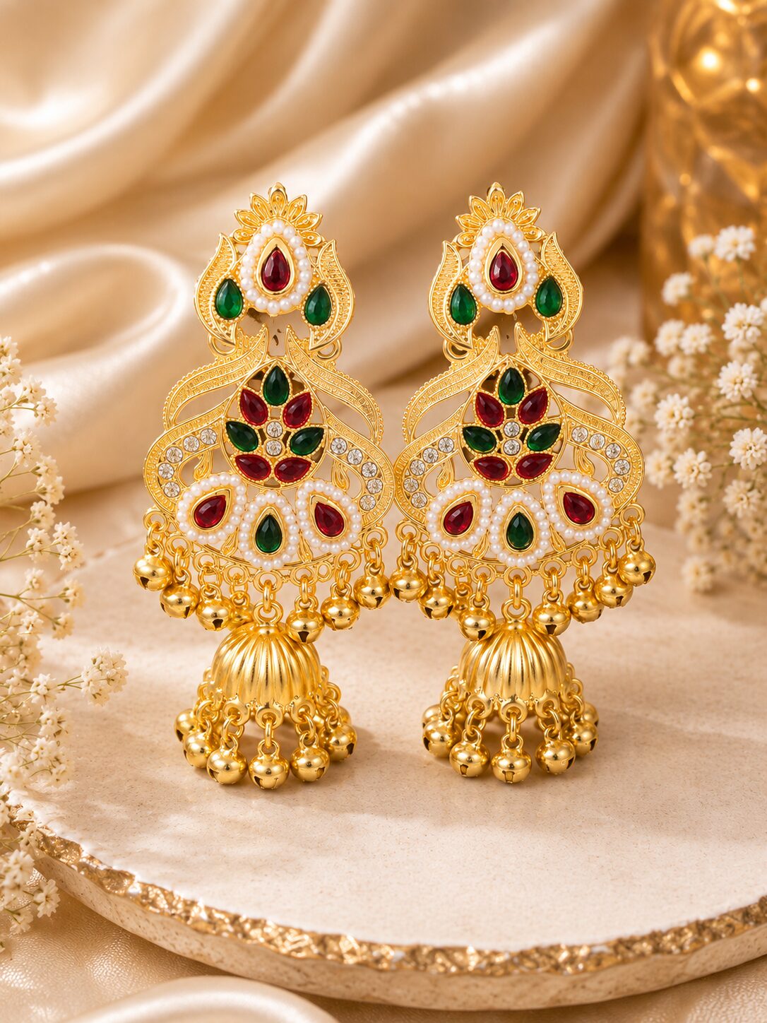 2026/09/1001783757.jpg Royal Green & Red Kundan Jhumka Earrings - Image 1