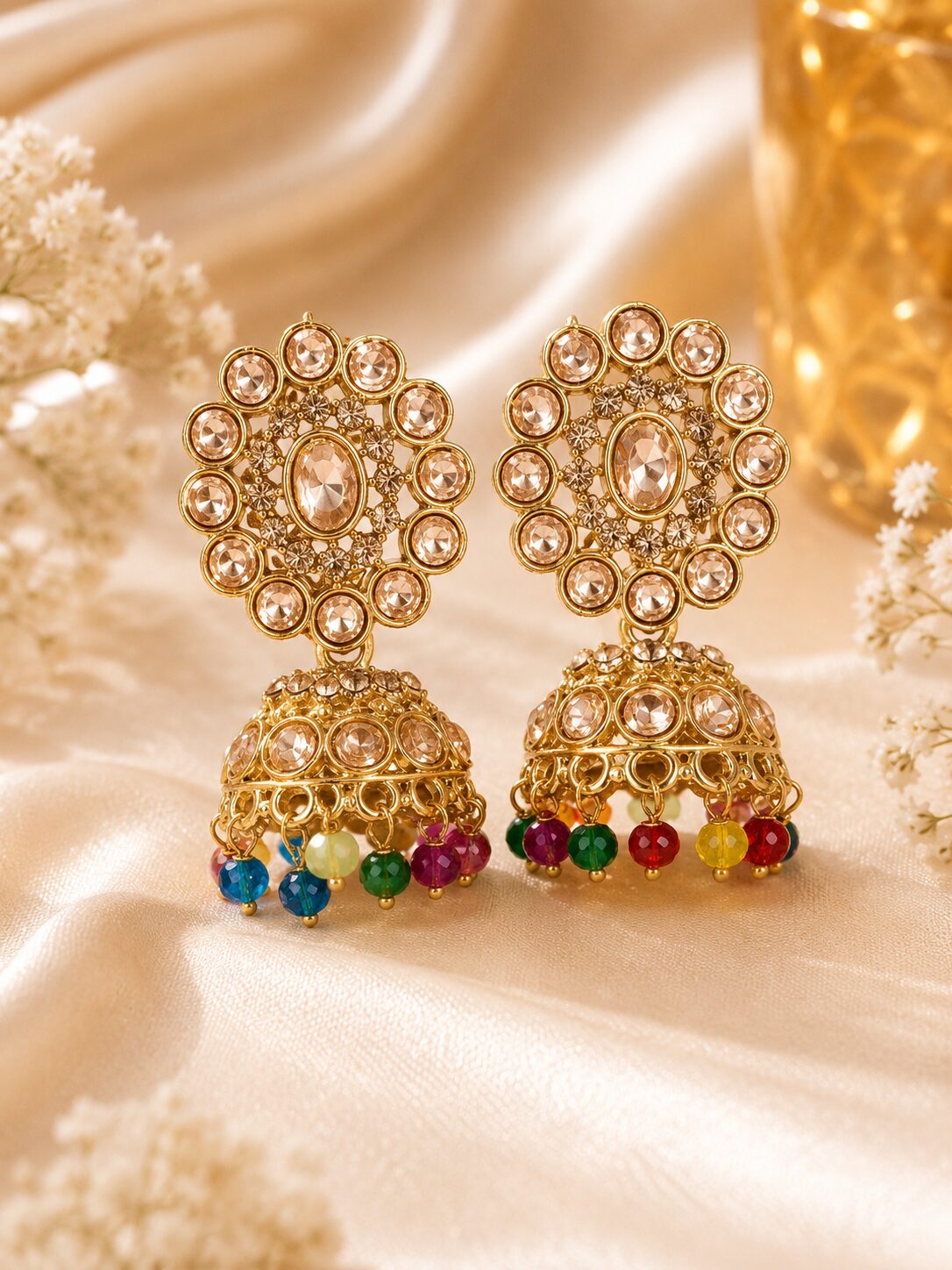 2026/09/1001783759.jpg Multicolor Stone Gold Jhumka Earrings - Image 1