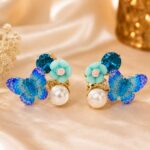 Blue Butterfly Pearl Flower Earrings